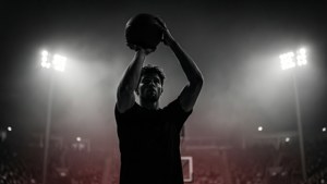 運動員手持籃球，準備在夜晚的體育場燈光下投籃。