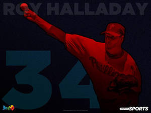 身穿紅色球衣的棒球投手Roy Halladay投球，背號34。 — 紅色和藍色 GIF 壁紙