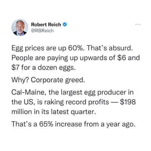 Robert Reich 關於雞蛋價格上漲和企業貪婪的推文。