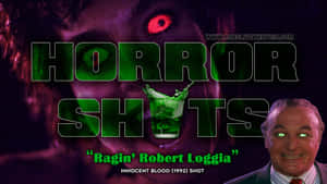 Horror Shots 海報，展示一個有發光眼睛的男人和一杯綠色雞尾酒。