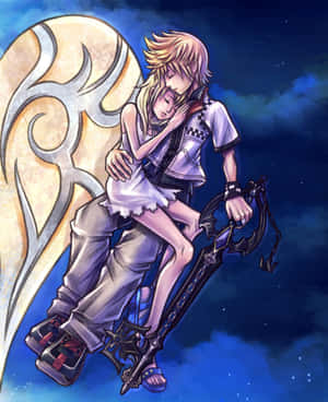 有翅膀的動漫男孩在星空下用鑰刃抱著熟睡的女孩
