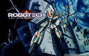 銀色機甲機械人站在太空船上，背景是暴風雨天空和Robotech標誌。
