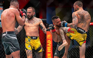 兩名男性MMA拳手在籠中，帶有紋身和UFC裝備，激烈打鬥。