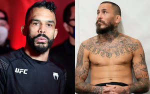 兩名男性拳手，一人身穿UFC上衣，另一人紋身赤裸上身。