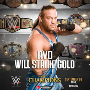 WWE摔角手RVD身穿藍白背心，自信地擺姿勢，身後冠軍腰帶閃耀光芒。 — 摔角 GIF 壁紙