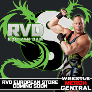 摔角手 Rob Van Dam 身穿摔角裝備，帶有綠色龍標誌和商店公告。 — 摔角 GIF 壁紙