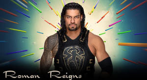 Roman Reigns 身穿金色飾邊黑色背心，宇宙背景帶有霓虹條紋。