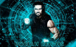 Roman Reigns 在一個帶有未來科技效果的發光藍色數位競技場中。