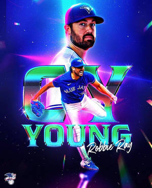 藍鳥隊棒球選手Robbie Ray，帶有發光霓虹文字和宇宙背景。 — Galaxy Z Fold 5 壁紙