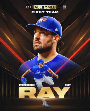 棒球投手Robbie Ray身穿藍鳥隊制服，在發光背景前擺出動態姿勢。