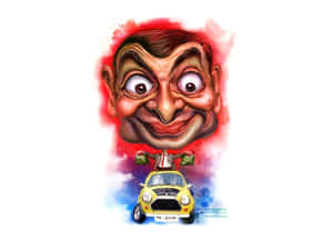 Mr. Bean 卡通角色在黃色 Mini Cooper 上方手持錢袋，水彩背景。