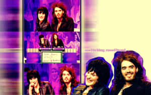Noel Fielding 和 Russell Brand 在喜劇短劇中的拼貼畫，帶有紫色燈光和文字。