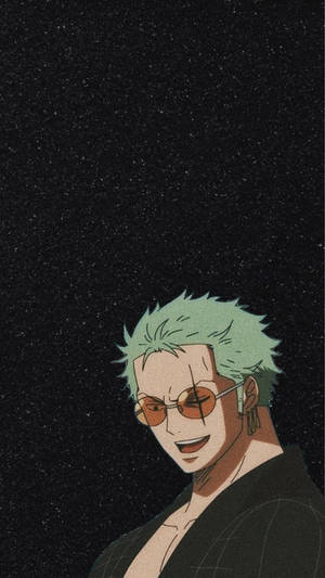綠色頭髮和橙色太陽眼鏡的動漫角色在星空下微笑。