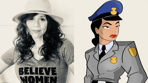 一名真實女性穿著「BELIEVE WOMEN」襯衫，旁邊是一名插圖女警。 — Sue Bird GIF 壁紙