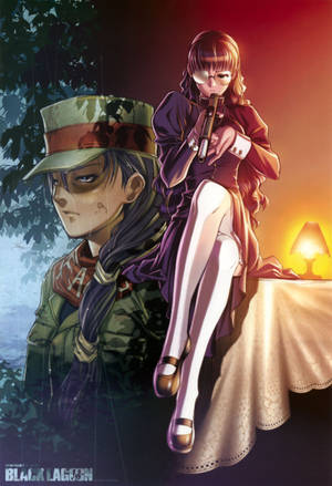 穿紫色衣服的女孩在溫暖的日落餘暉下，在士兵旁邊拿著長笛。