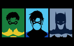 三個超級英雄剪影：蝙蝠俠、羅賓和夜翼，在彩色面板中。