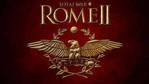 Total War Rome II遊戲標誌，金色鷹和SPQR橫幅在紅色背景上。