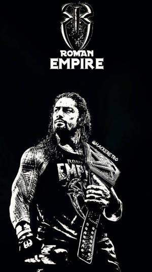 Roman Reigns 手持冠軍腰帶，上方有羅馬帝國標誌。
