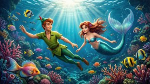 彼得潘與美人魚在水中的彩色珊瑚和魚群間游泳。 — 小飛俠 壁紙