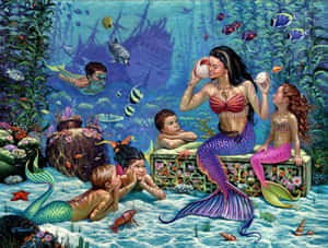 美人魚在水下教導孩子們，背景有珊瑚、魚和沉船。 — 美人魚 GIF 壁紙