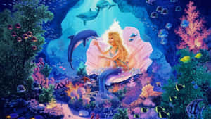 粉紅色貝殼中的美人魚在發光的珊瑚和熱帶魚之間與海豚互動。