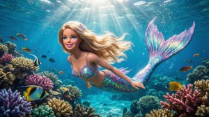 芭比化身為美人魚，在水下色彩繽紛的珊瑚和熱帶魚之間游泳。 — 芭比 壁紙