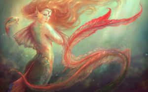 一位發光的美人魚，紅髮紅尾，與一條小魚同伴在水中優雅地游動。 — 奇幻 壁紙