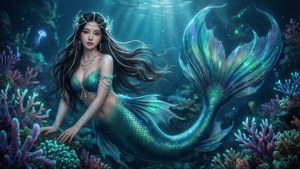 一位美麗的美人魚，擁有長長的深色頭髮和鑲有寶石的王冠，坐在水下色彩繽紛的珊瑚礁之間。