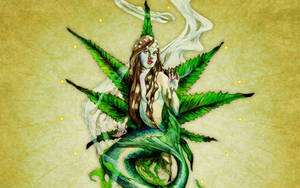 神秘美人魚，擁有以大麻葉構成的翅膀和尾巴，在閃耀的金色光芒中發光。