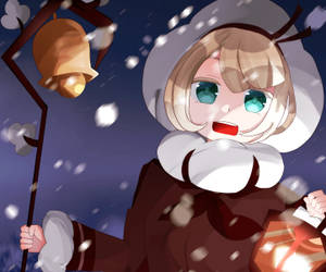 動漫女孩穿著冬季外套，在夜間飄雪中手持燈籠。