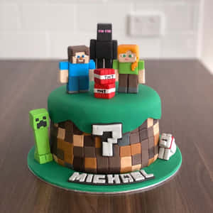 Minecraft蛋糕，木桌上有Steve、Alex、Enderman、Creeper和TNT。 — 生日蛋糕 壁紙