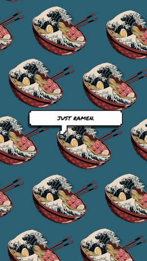 以「The Great Wave」風格設計的拉麵碗，配有筷子及文字「JUST RAMEN。」 — 萌 壁紙