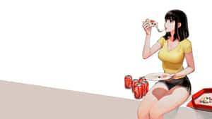 動畫女孩在汽水罐附近吃薄餅。