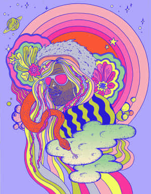一個色彩繽紛的插圖人物，擁有彩虹頭髮和太陽眼鏡，置身於宇宙場景中。