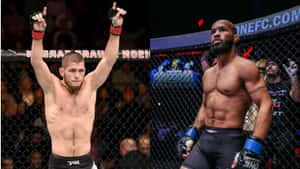 八角籠中的兩名MMA拳手，一人勝利舉拳，另一人肅立。