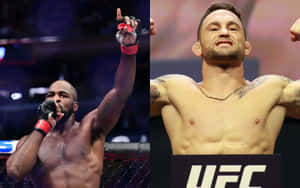 兩名男性MMA拳手在UFC八角籠中舉起拳頭，展示紋身，慶祝勝利。 — 搏擊會 GIF 壁紙
