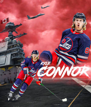 冰球運動員 Kyle Connor 在航空母艦上溜冰，噴射機在頭頂飛過。 — Galaxy Z Fold 6 壁紙