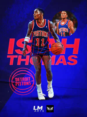 Isiah Thomas 身穿底特律活塞隊制服，背後有粗體文字，正在運球。