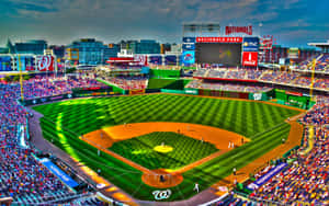 日落比賽期間，Nationals Park 棒球場擠滿球迷。 — 漸變動畫 壁紙