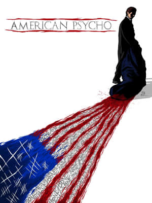 一個穿著西裝的男人站在一面血跡斑斑的美國國旗上，上方有American Psycho的標題。
