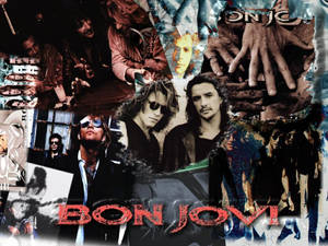 Bon Jovi 樂隊拼貼畫，帶有撕裂邊緣和紅色文字。