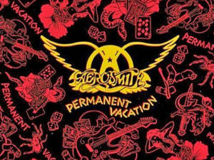 Aerosmith Permanent Vacation 專輯封面，黑色背景上帶有紅色線條藝術。 — 音樂 GIF 壁紙