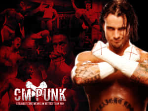 摔角手 CM Punk 交叉雙臂並帶有紋身，被紅色調的動作場景包圍。