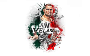 Cain Velasquez MMA 拳手拼貼畫，有紅色綠色油漆濺點同感謝文字。