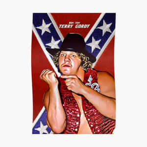 摔角手 Terry Gordy 身穿紅色閃片背心及黑色帽子，背景為聯邦旗。 — 摔角 GIF 壁紙