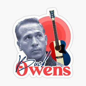 Buck Owens肖像、結他及簽名，置於愛國紅藍白背景上。