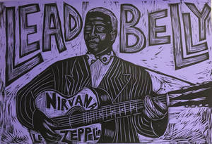 Lead Belly 手持結他，帶有樂隊標誌，採用紫色麻膠版畫風格。 — 淺紫色動態圖片 壁紙