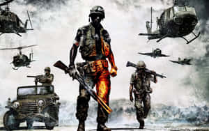 在煙霧瀰漫的戰區，士兵和軍用車輛上方有直升機和噴射機。