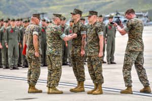 身穿制服的海軍陸戰隊員在機場接受頒獎，有攝影師在場。