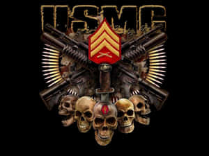 USMC 標誌，帶有交叉步槍和骷髏頭，黑色背景。